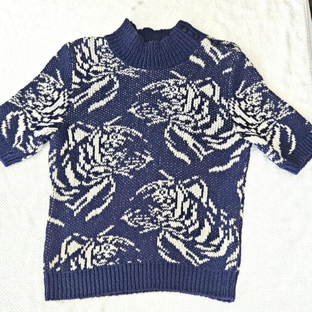 Anthropologie Maeve Small Divendra Dark Blue & White Short Sleeve Pullov…